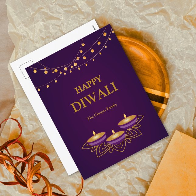 Elegant Mandala  diyas custom Purple gold Diwali  Holiday Postcard (Creator Uploaded)