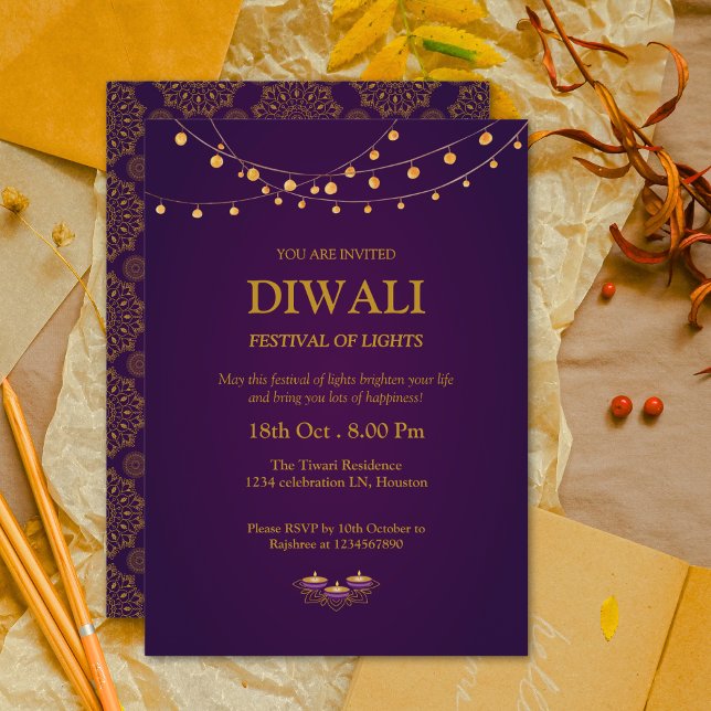 Elegant Mandala  Diyas Purple golden Diwali  Invitation (Creator Uploaded)