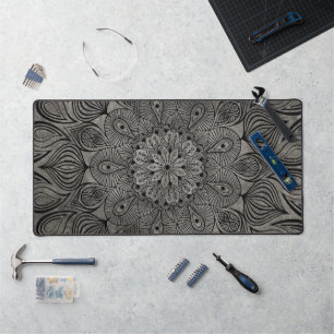Elegant Mandala Flower Zen Muted Neutral Grey Desk Mat