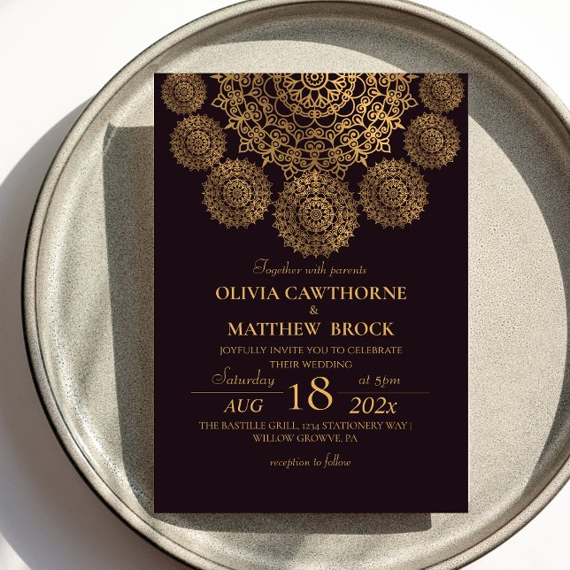 Elegant Mandala Gold Ornate Burgundy Wedding Invitation (Creator Uploaded)