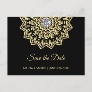 Elegant Mandala Indian Black Wedding SAVE THE DATE Announcement Postcard