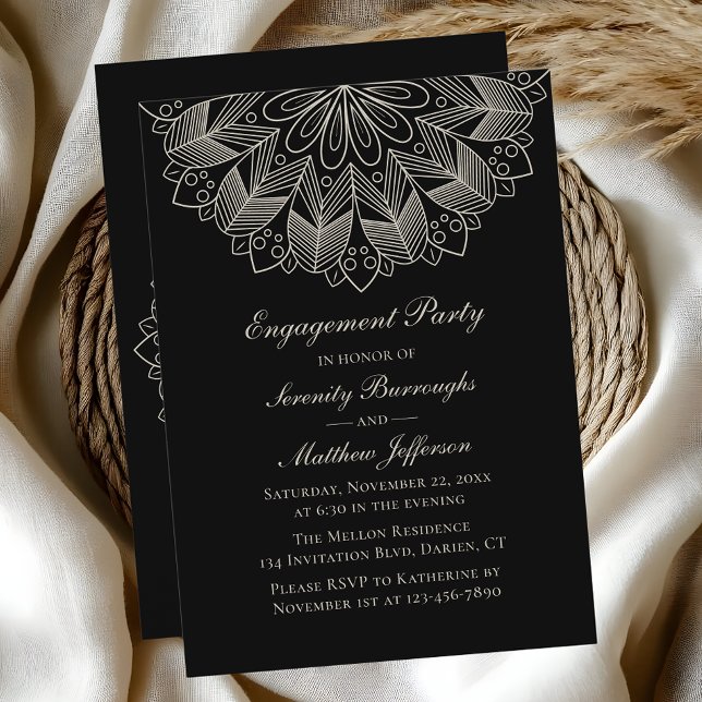 Elegant Mandala Indian Boho Black Engagement Party Invitation (Creator Uploaded)