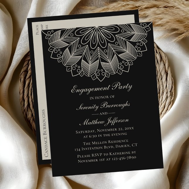Elegant Mandala Indian Boho Black Engagement Party Invitation Postcard (Creator Uploaded)