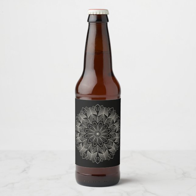 Elegant Mandala Indian Boho Chic Black Wedding Beer Bottle Label (Front)
