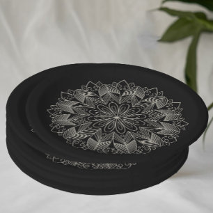 Elegant Mandala Indian Boho Chic Black Wedding Paper Plate