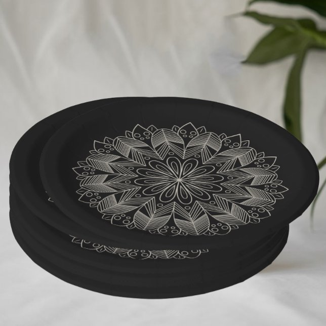 Elegant Mandala Indian Boho Chic Black Wedding Paper Plate (Creator Uploaded)