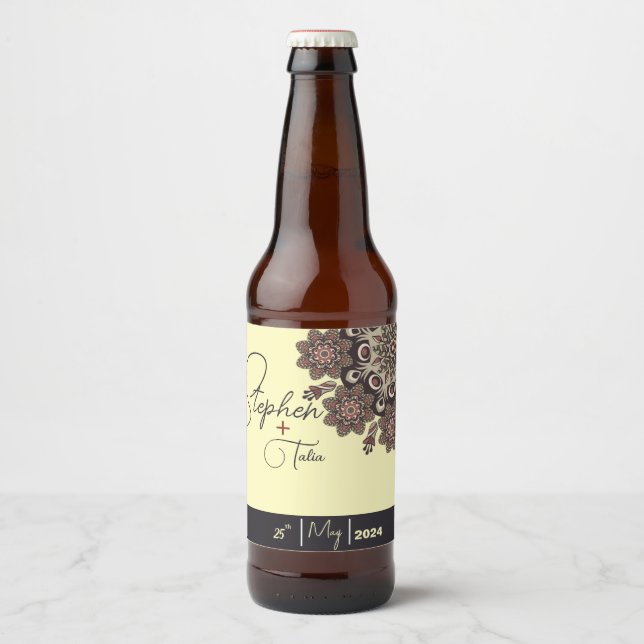 Elegant Mandala-Inspired Wedding  Beer Bottle Label (Front)
