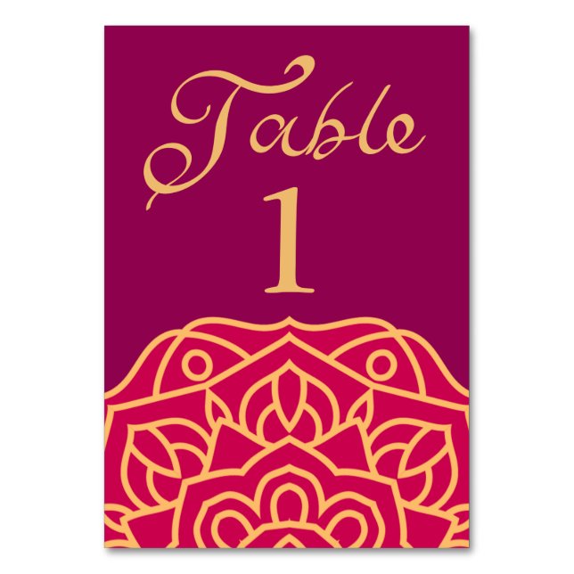 Elegant Mandala Magenta Gold Indian Wedding Table Number (Front)