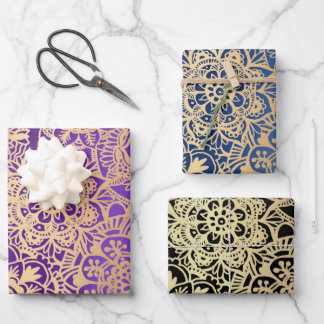 Elegant Mandala Pattern Purple Blue Gold Black Wrapping Paper Sheet