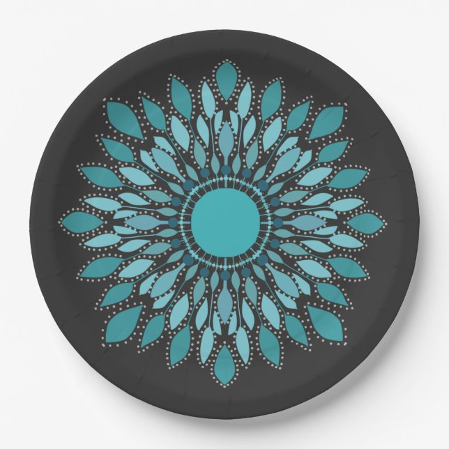 Elegant Mandala  Teal Lotus Flower   Paper Plate (Front)
