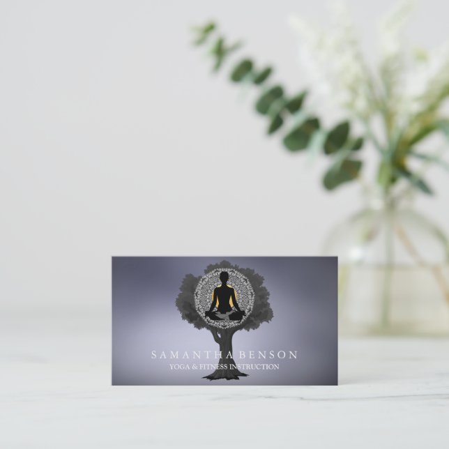 Elegant Mandala Yoga Pose Tree Logo Art Business Card (Standing Front)