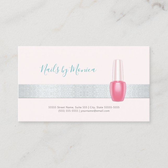 Elegant Manicurist Silver Stripe Pink Nail Polish Business Card (Front)
