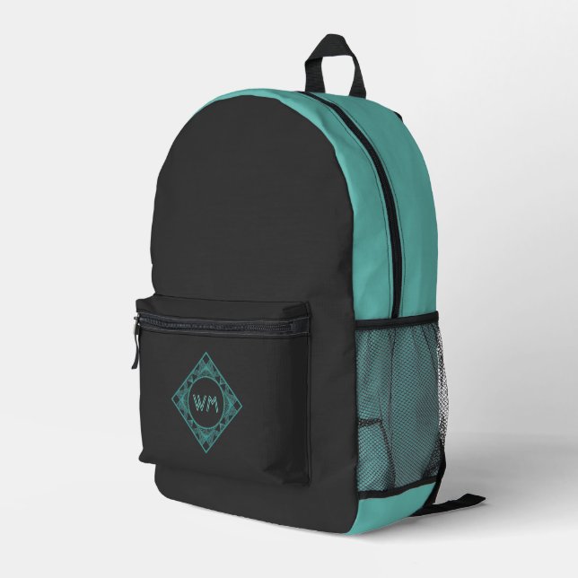   Elegant Manly Black & Teal Art Deco Add Monogram Printed Backpack (Back Corner Right)