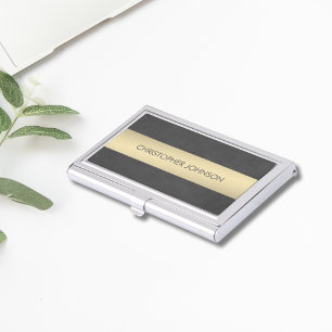 Elegant Manly Texture Black Metal Stripe Business Card Holder