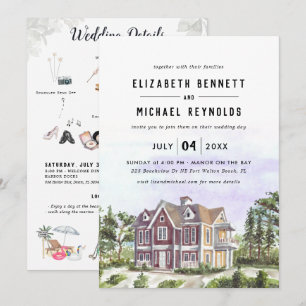 Elegant Manor Villa   Illustrated Wedding Weekend Invitation