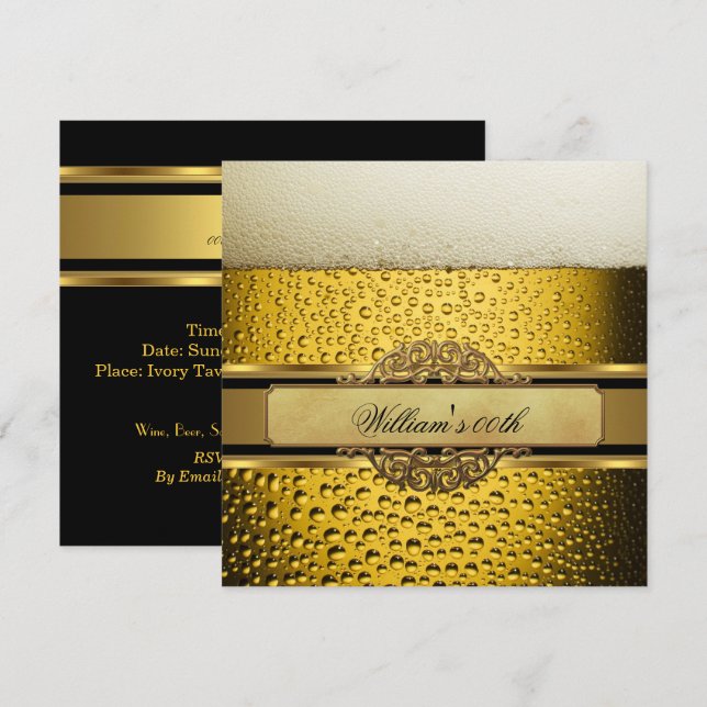 Elegant Mans Beer Black Gold Birthday Party Mens Invitation (Front/Back)