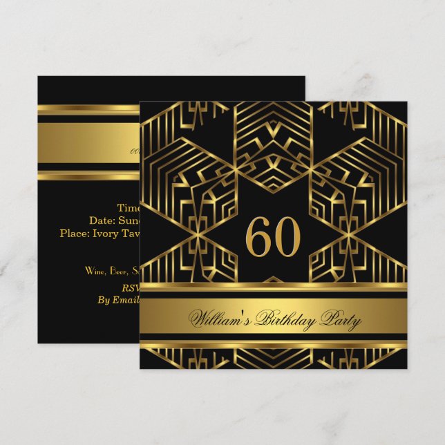 Elegant Mans Black Gold Stripe Birthday Party Mens Invitation (Front/Back)