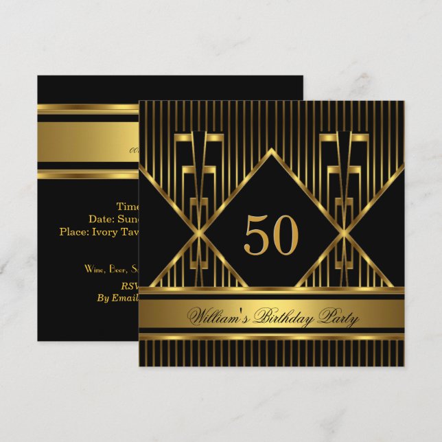 Elegant Mans Black Gold Stripe Birthday Party Mens Invitation (Front/Back)