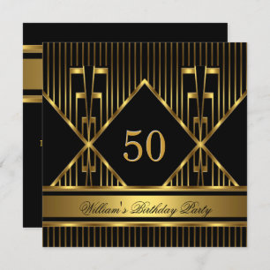 Elegant Mans Black Gold Stripe Birthday Party Mens Invitation