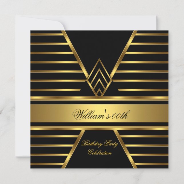 Elegant Mans Black Gold Stripe Birthday Party Mens Invitation (Front)