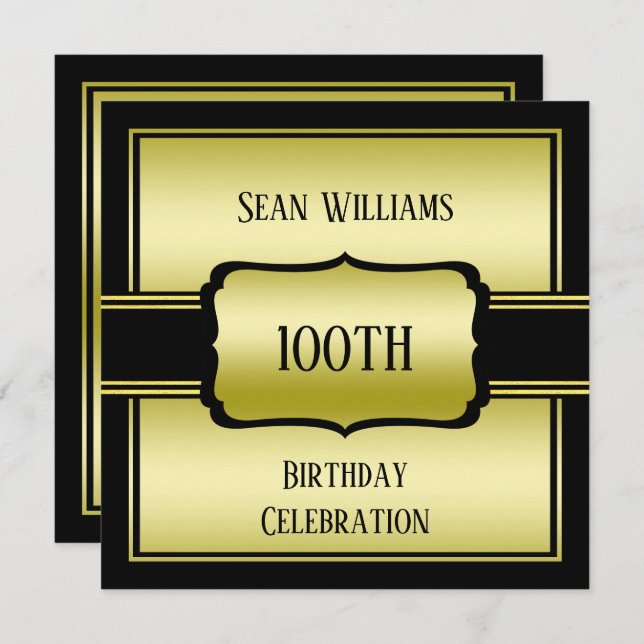 Elegant Man's Gold & Black 100th Birthday Invitation (Front/Back)