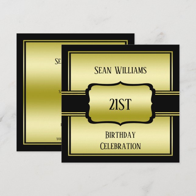 Elegant Man's Gold & Black 21st Birthday Invitation (Front/Back)