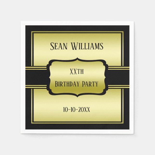 Elegant Man's Gold & Black Birthday Napkin (Front)