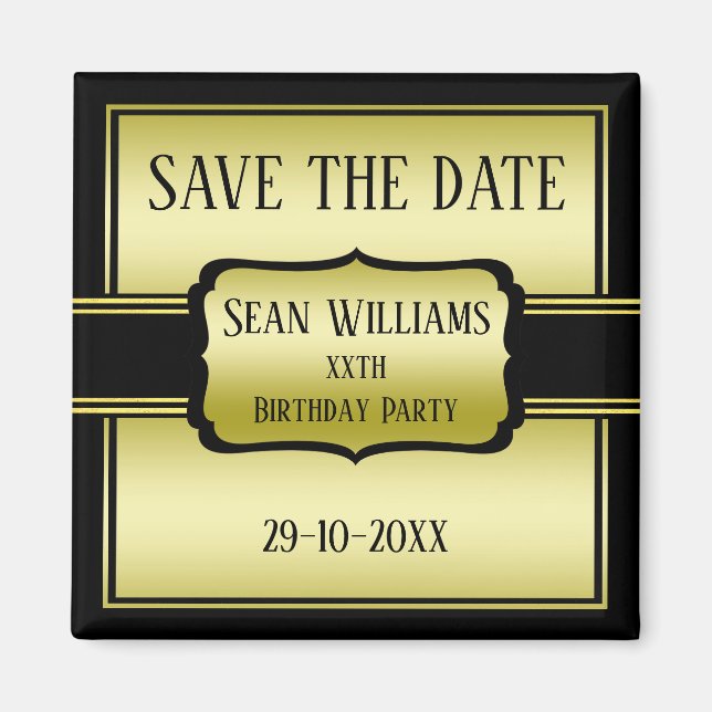 Elegant Man's Gold & Black Birthday Save The Date Magnet (Front)