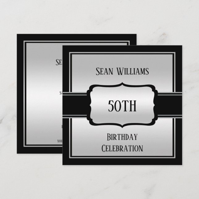 Elegant Man's Silver & Black 50th Birthday Invitation (Front/Back)