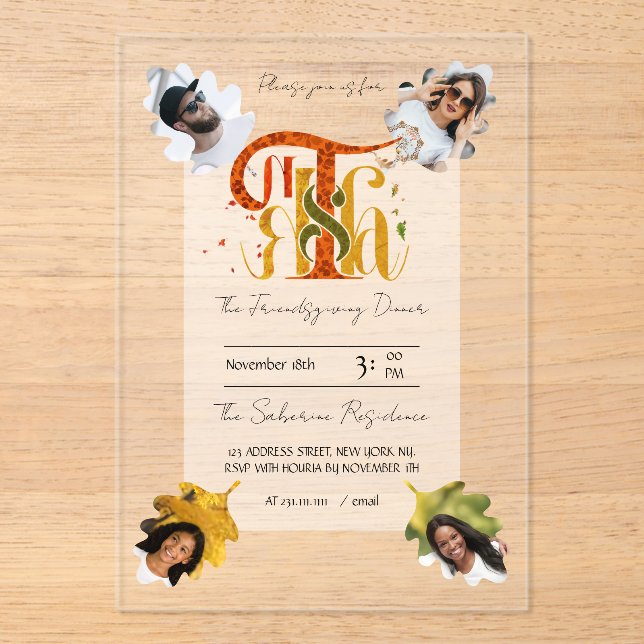 Elegant Manuscript Thanks Autumn Foliage Photos  Acrylic Invitations (Front)