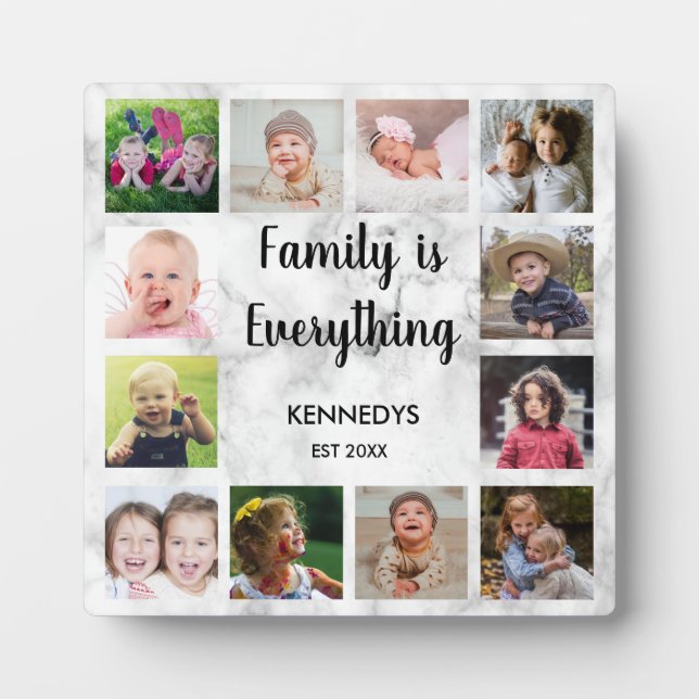 Elegant Marble 12 Photo Collage Family Quote Plaque (Front)