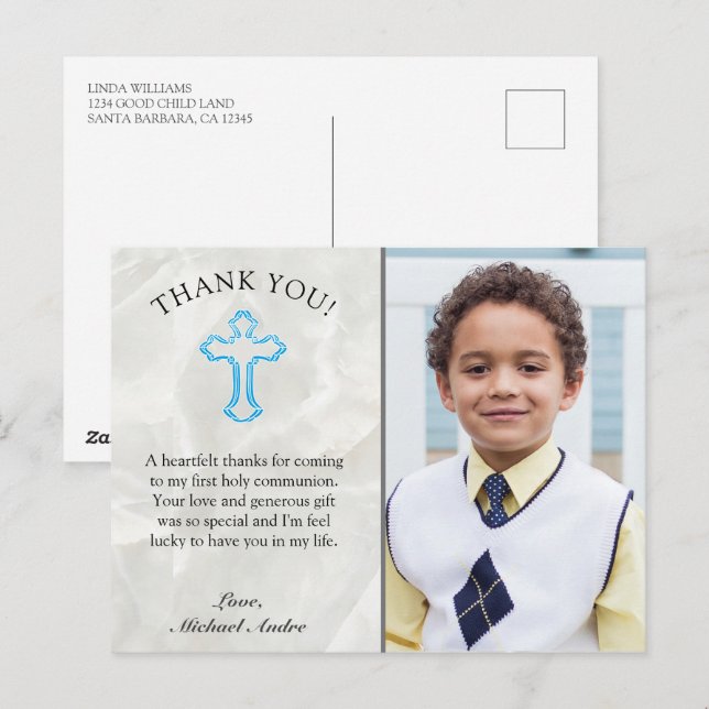 Elegant Marble 1st Holy Communion Thank You Postcard (Front/Back)