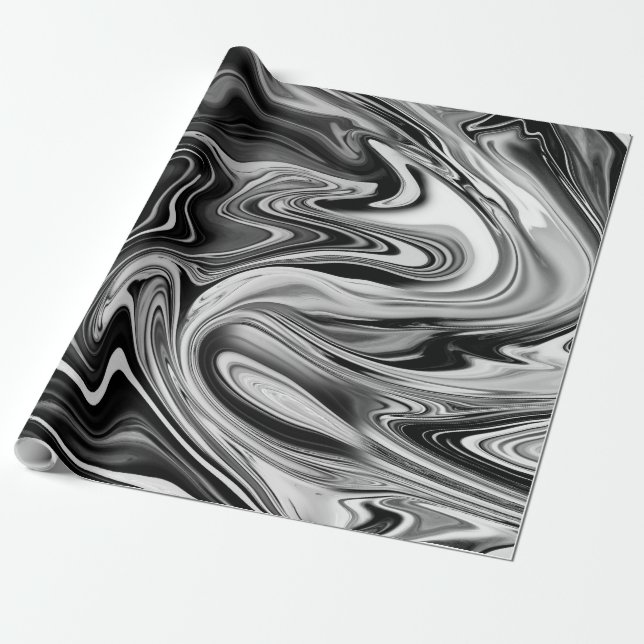 Elegant Marble 7 - Liquid Black and White Wrapping Paper (Unrolled)