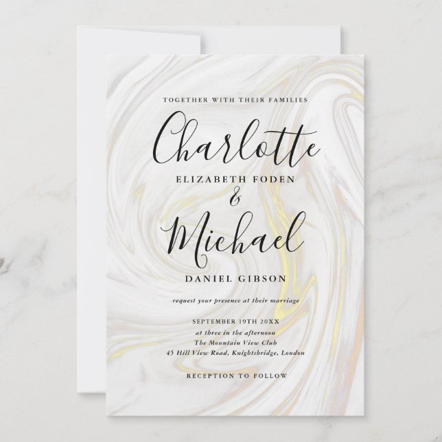 Elegant Marble Agate Signature Script Wedding Invitation (Front)
