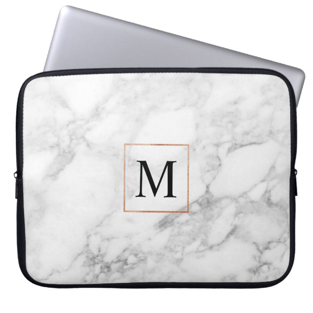 Elegant Marble and Faux Foil Border Laptop Sleeve (Front)