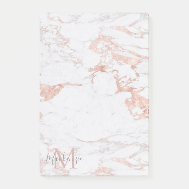 Elegant Marble and Rose Gold Foil Monogram Post-it Notes (Front)