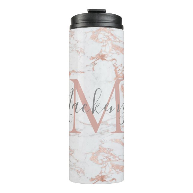 Elegant Marble and Rose Gold Foil Monogram Thermal Tumbler (Front)