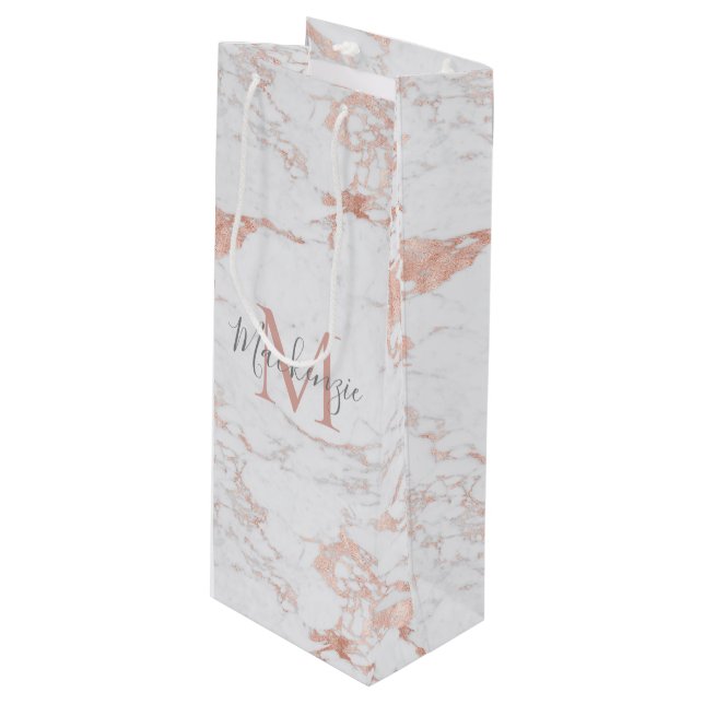 Elegant Marble and Rose Gold Foil Wine Gift Bag (Front Angled)