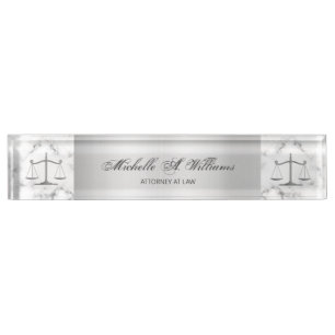 Elegant Marble and Silver Scales of Justice Lawyer Nameplate