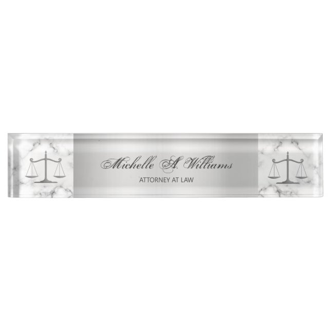 Elegant Marble and Silver Scales of Justice Lawyer Nameplate (Front)