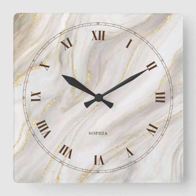 Elegant Marble Background Gold Glitter Simple Text Square Wall Clock (Front)
