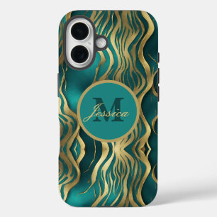 Elegant Marble Beige Turquoise Blue Teal Monogram iPhone 16 Case