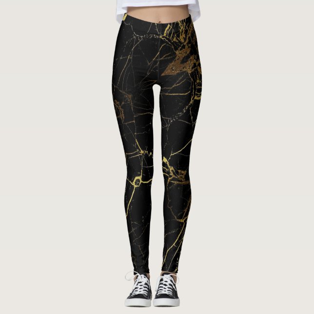 Elegant marble black and gold  leggings (Front)