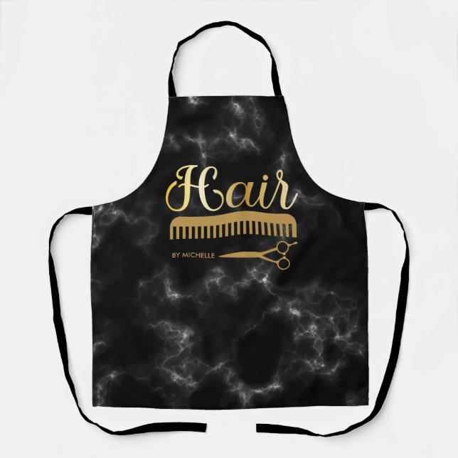 Elegant Marble Black gold Hairstylist Salon Name  Apron (Front)
