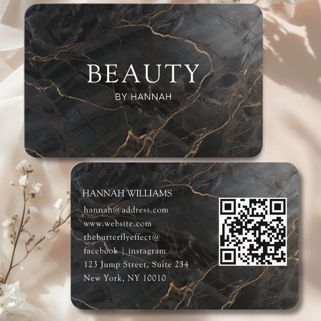 Elegant Marble Black-Gold Salon QR Code Business Card (Elegant Marble Black-Gold Salon QR Code Business Card)