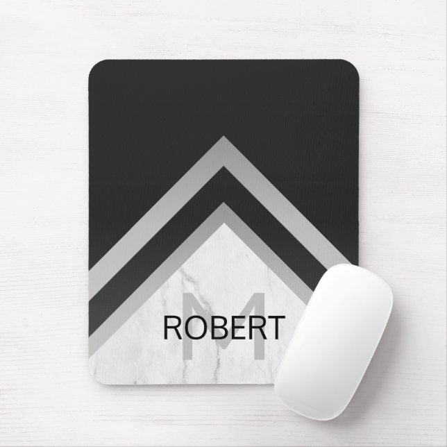 Elegant Marble Black Silver Chevron Monogram Mouse Mat (With Mouse)