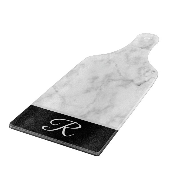 Elegant Marble Black White Monogram Initial  Cutting Board (Corner)