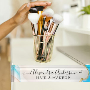 Elegant Marble Blue and White Agate Gold Glitter Nameplate