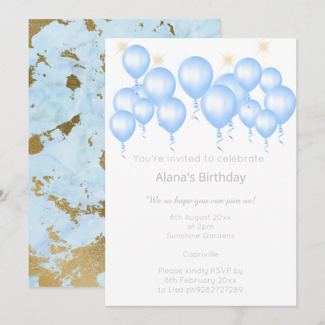 ELEGANT MARBLE BLUE BALLOON BIRTHDAY INVITATION (Front/Back)