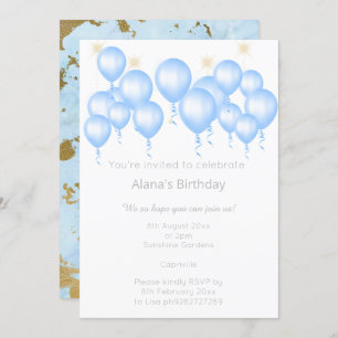 ELEGANT MARBLE BLUE BALLOON BIRTHDAY INVITATION